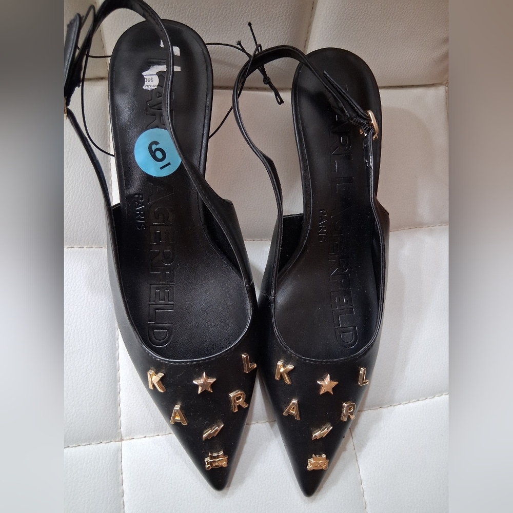 Karl Lagerfeld Black Pointed Slingback Heels with Gold Lettering (use once)